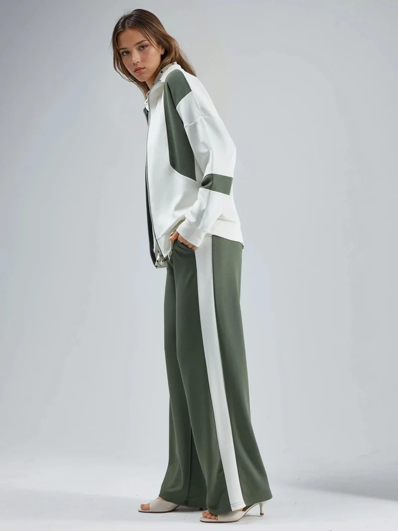 هيكاب طقم قطعتين واسع الساق بياقة بسحاب ولون متباين من مجموعة بيرسان